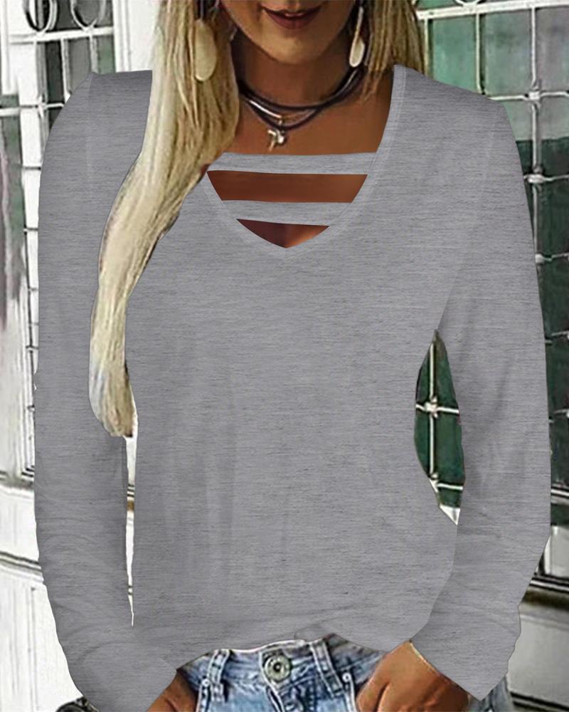 

Plain V-Neck Long Sleeve Top, Gray