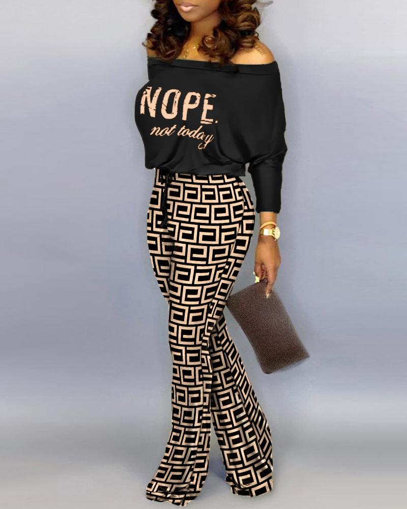 

Geometric Letter Print Off Shoulder Jumpsuit, Black