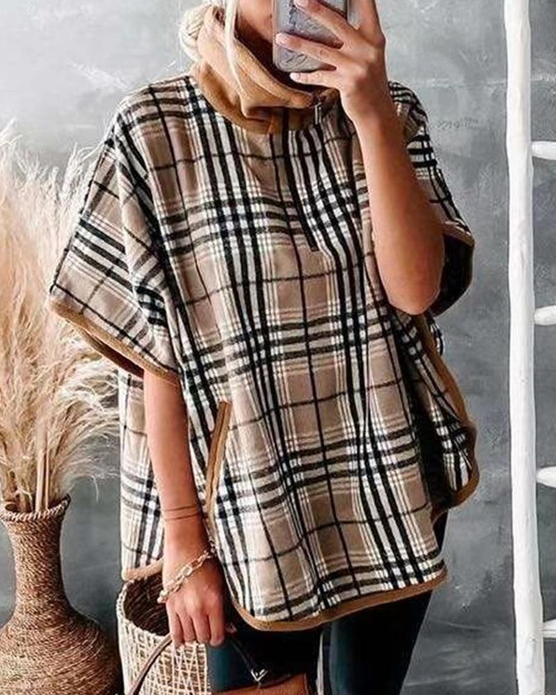 

Plaid Print High Neck Half Sleeve Zipper Design Coat, Brown