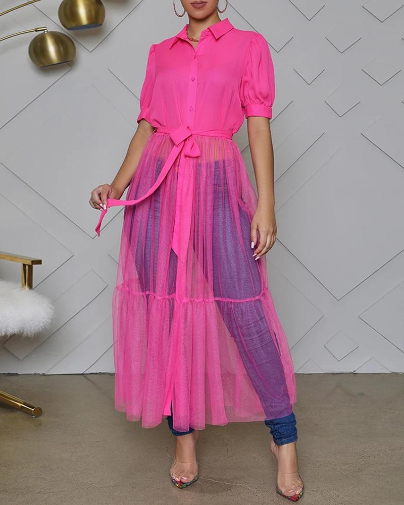 

Tied Detail Puff Sleeve Sheer Mesh Patch Shirt, Hot pink