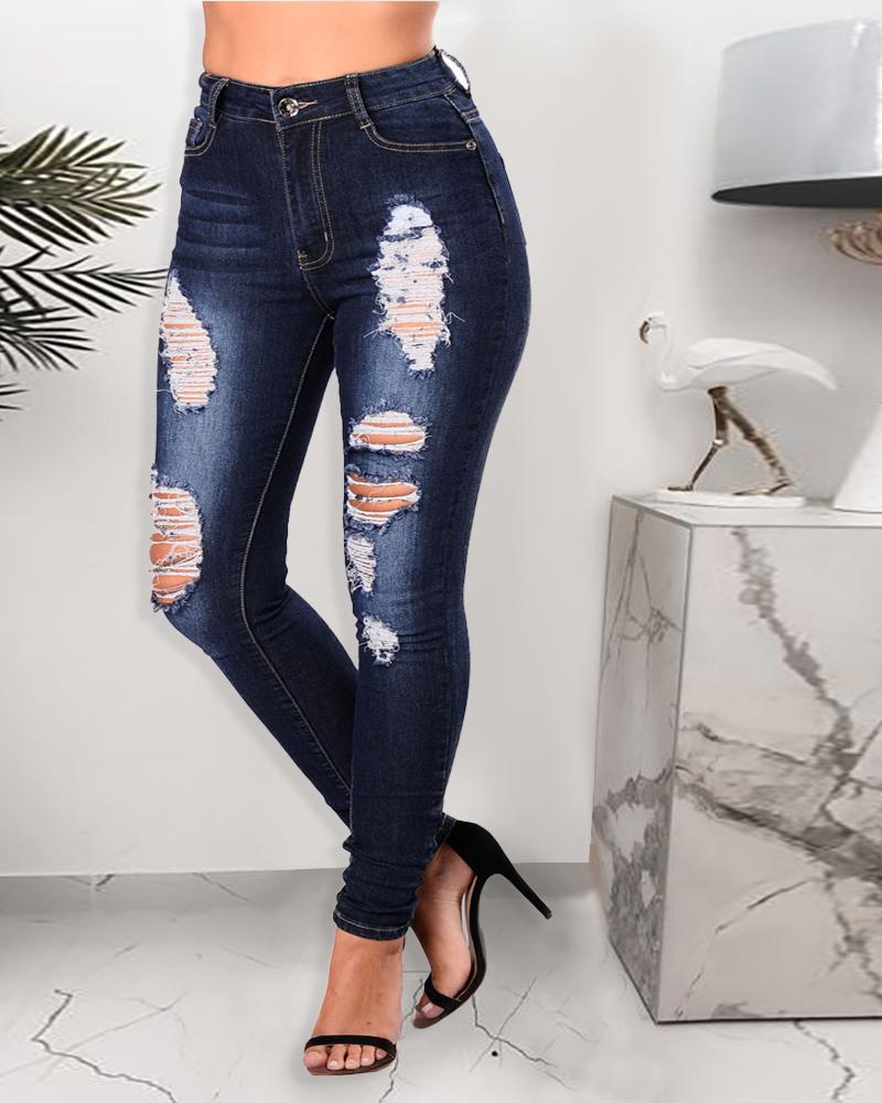 

Ladder Cutout Pocket Design Ripped Skinny Jeans, Dark blue