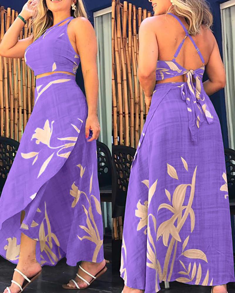 

Plants Print Crisscross Back Top & Wrap Skirt Set, Purple