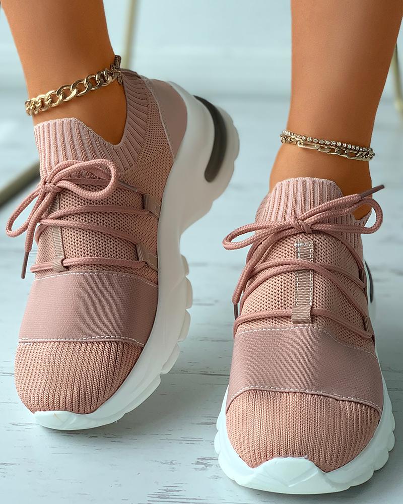 

Lace-up Knit Breathable Casual Sneakers, Apricot