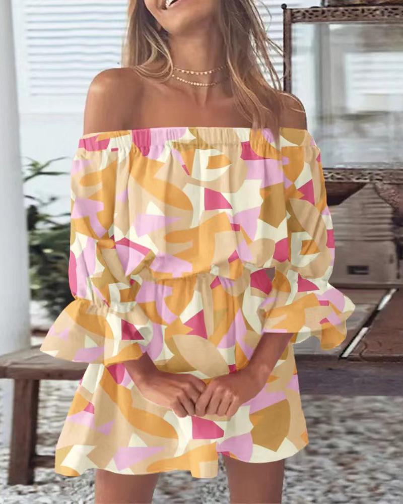 

Geo Print Off Shoulder Bell Sleeve Casual Dress, Multicolor