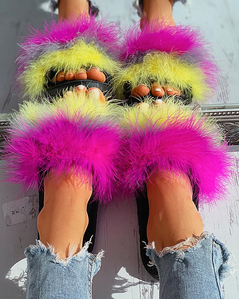 

Colorblock Peep Toe Fluffy Slipper, Hot pink