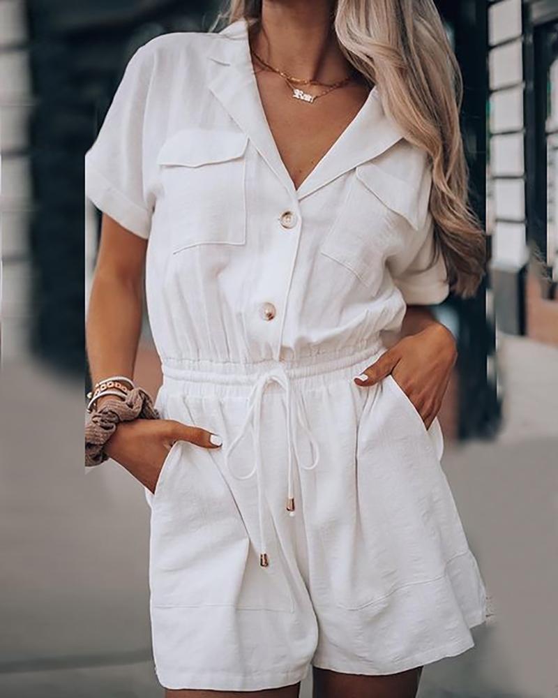 

Solid Color Short Sleeve Lace-up Rompers, White