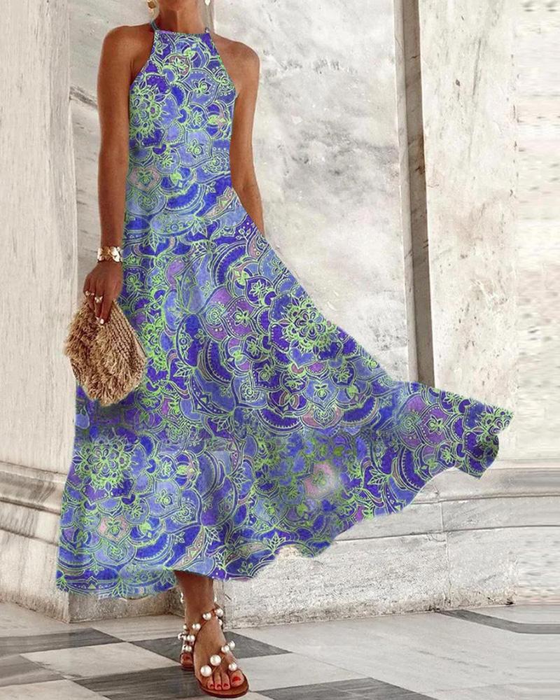 

Halter Floral Print Knit Swing Dress, Blue