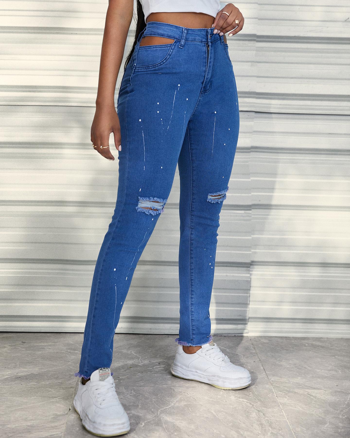 

Ink Splash Cutout Ripped Skinny Jeans, Blue