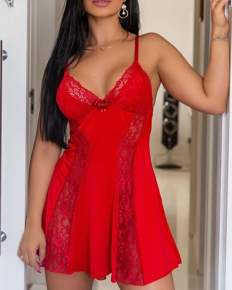 

Lace-up Backless Eyelash Lace Babydoll, Red