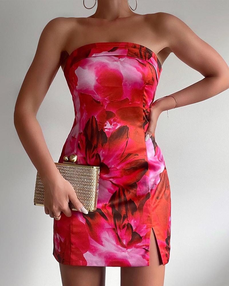 

Bandeau Split Hem Floral Print Dress, Red