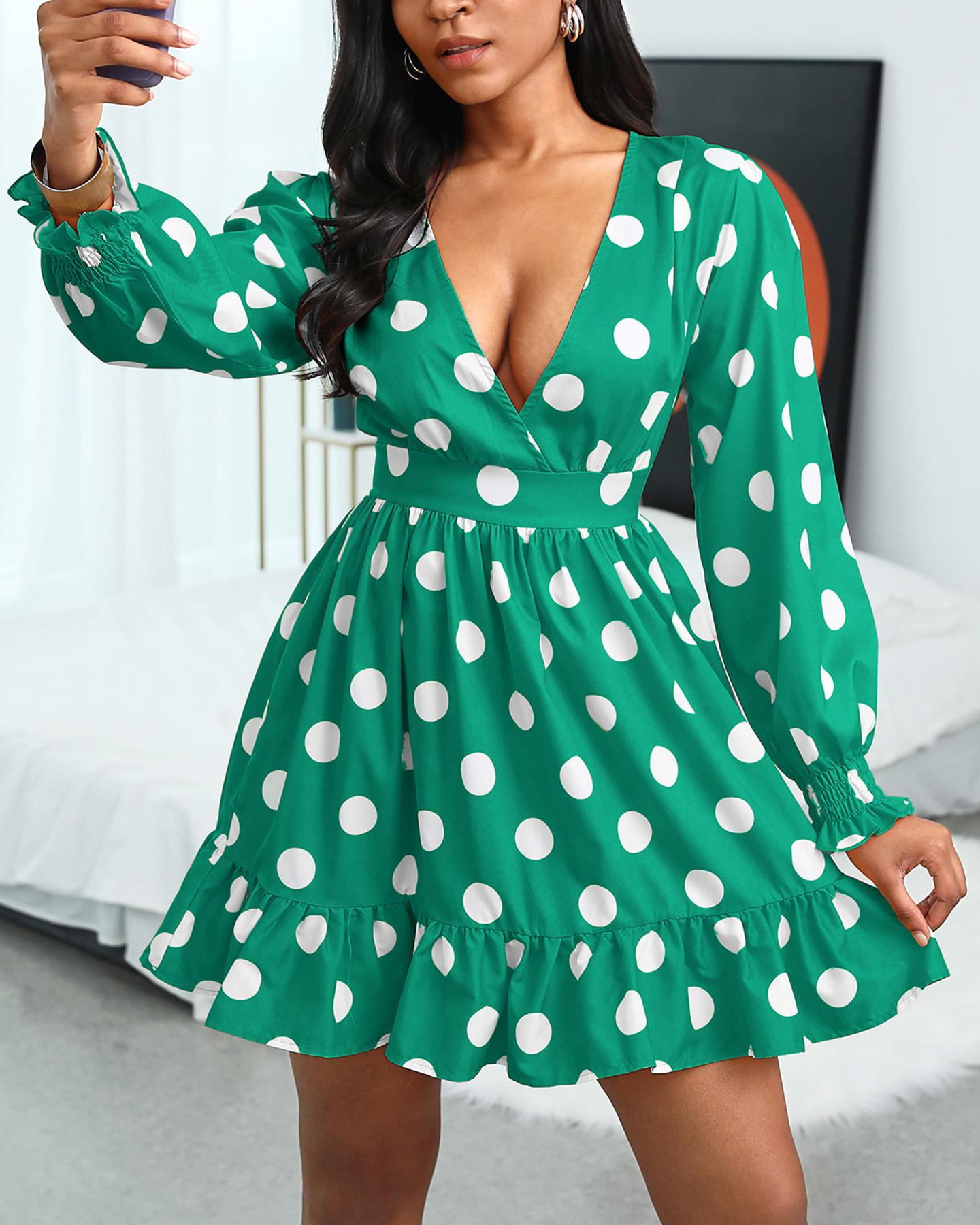 

Plunge Polka Dots Shirring Design Ruched Ruffles Casual Women Dress, Green