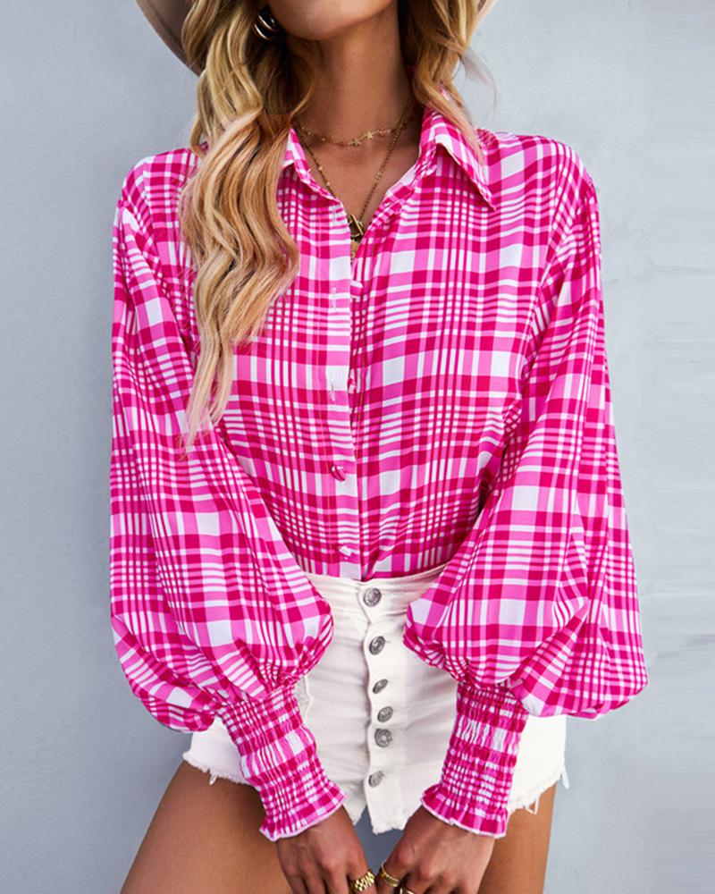

Plaid Print Lantern Sleeve Buttoned Top, Hot pink