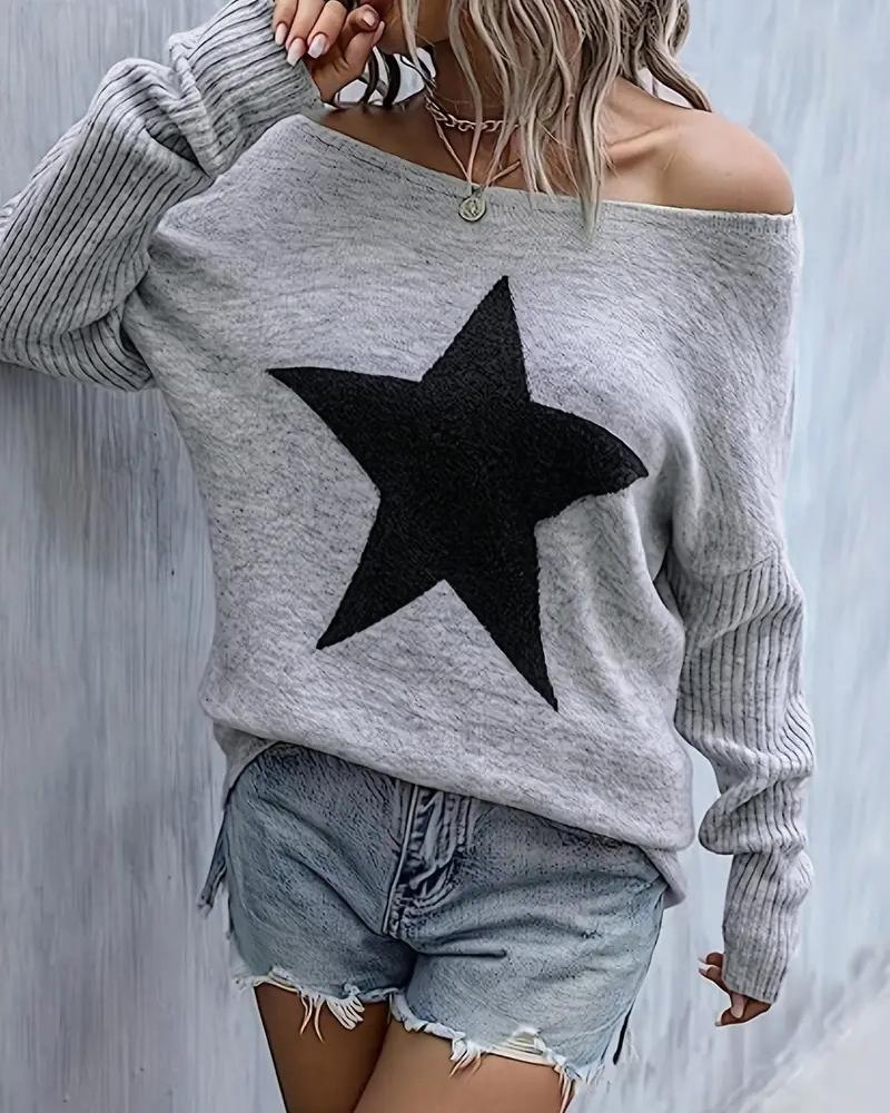 

Star Pattern Round Neck Casual Knit Sweater, Gray