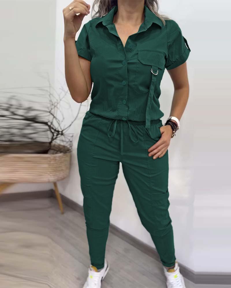 

Conjunto de blusa de manga curta abotoada e calça skinny com cordão, Dark green