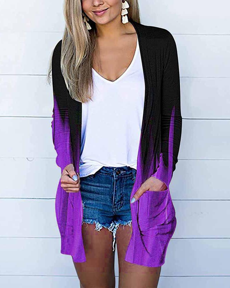 

Ombre Colorblock Pocket Detail Open Front Cardigan, Purple