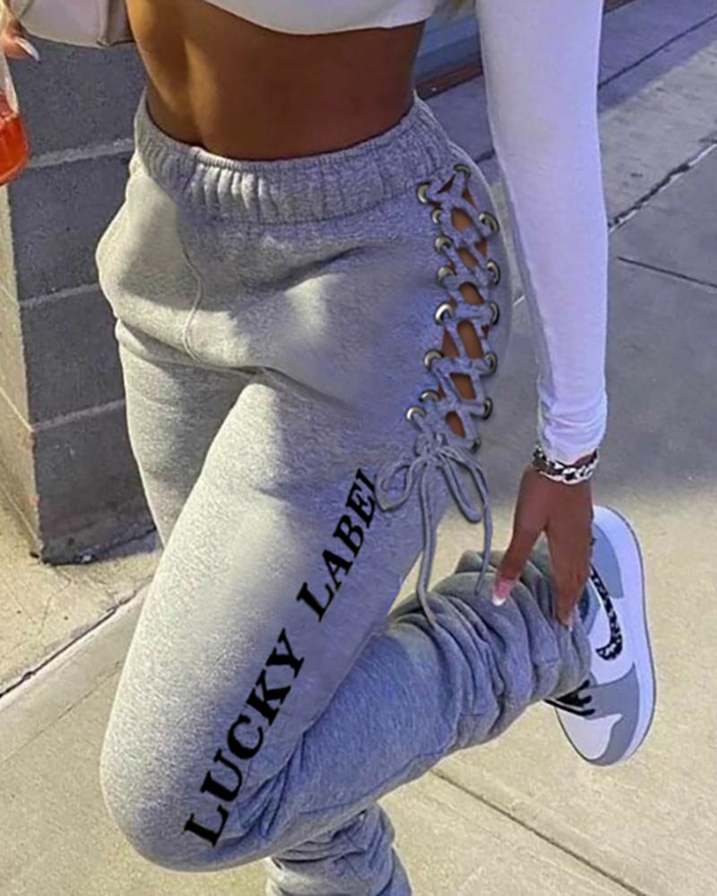 

Letter Print Eyelet Lace-up Drawstring Fold Sweatpants, Gray