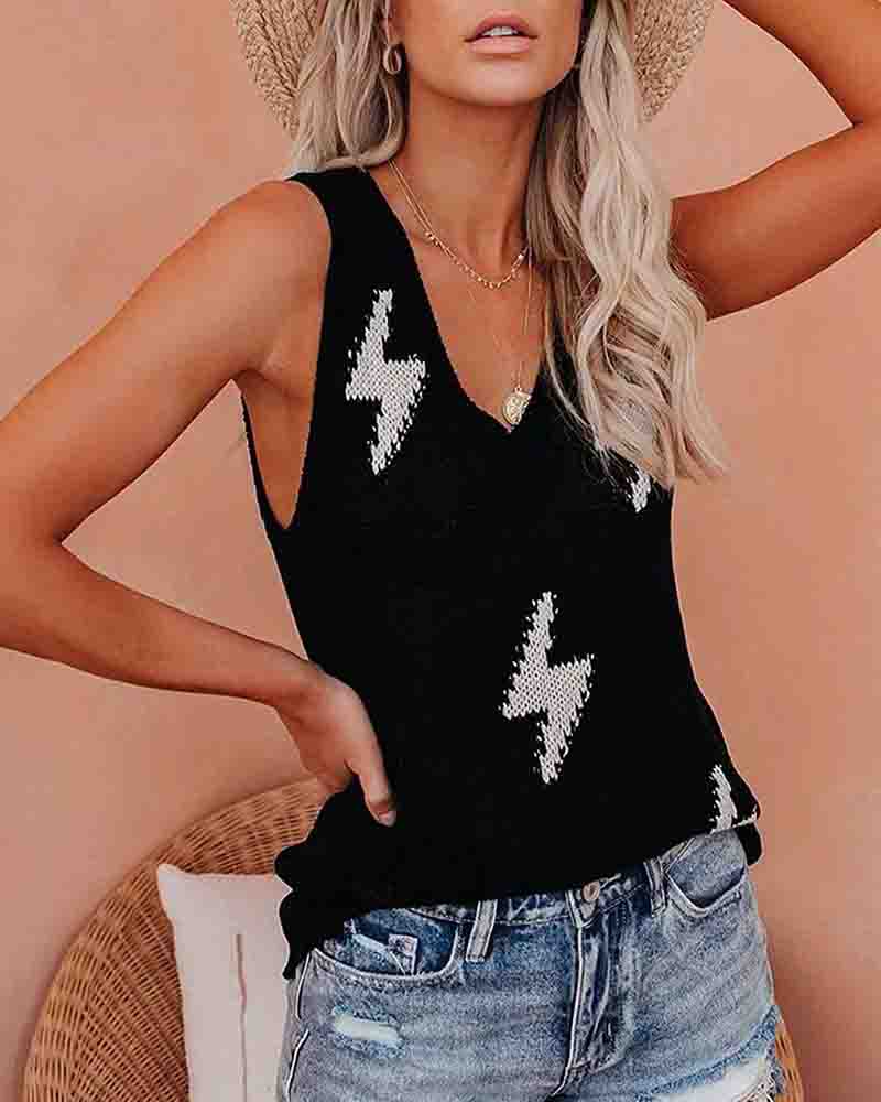 

Thunder Pattern Colorblock V-Neck Knit Tank Top, Black