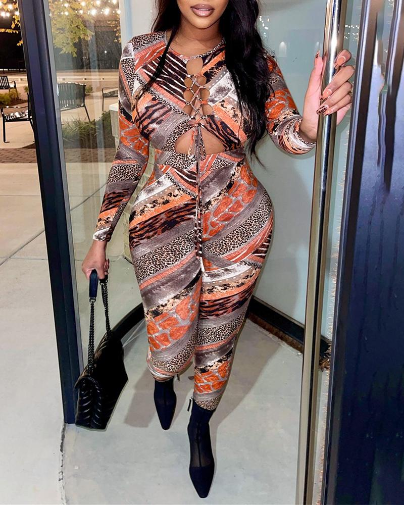 

Abstract Cheetah Print Lace-up Cutout Jumpsuit, Orange