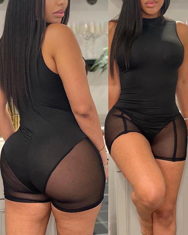 

Contrast Mesh Sleeveless Skinny Romper, Black