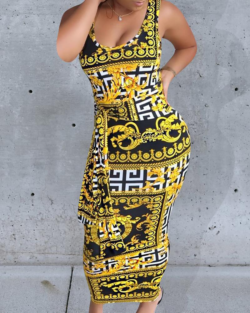 

Thin Strap Baroque Print Bodycon Dress, Gold