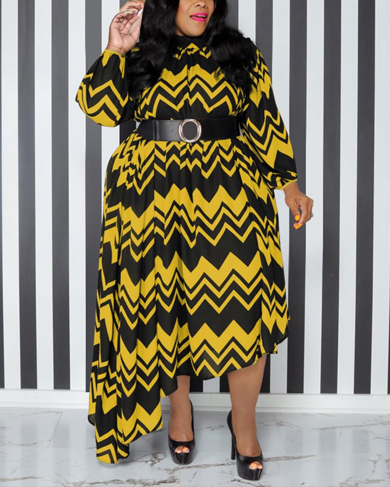 

Plus Size Chevron Print Long Sleeve Asymmetrical Dress, Yellow