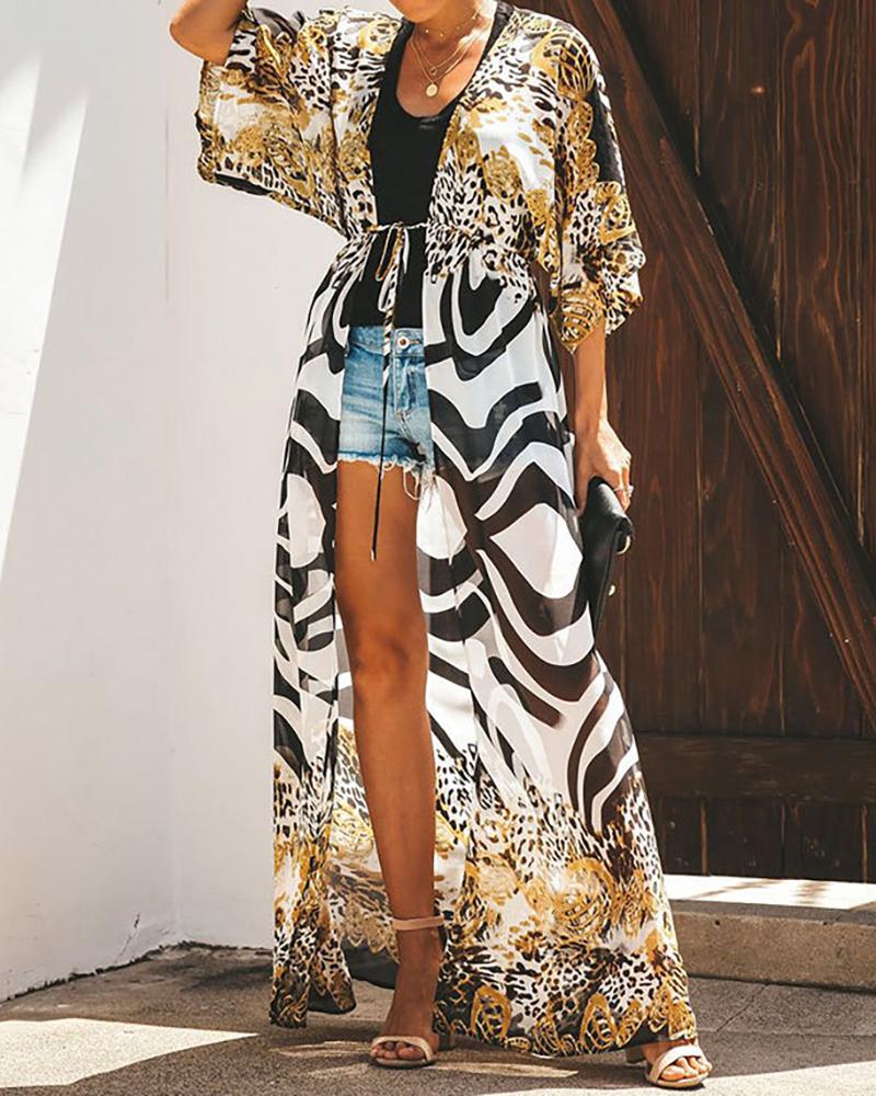 

Zebra Stripe Cheetah Print Tied Detail Cover Up, Black
