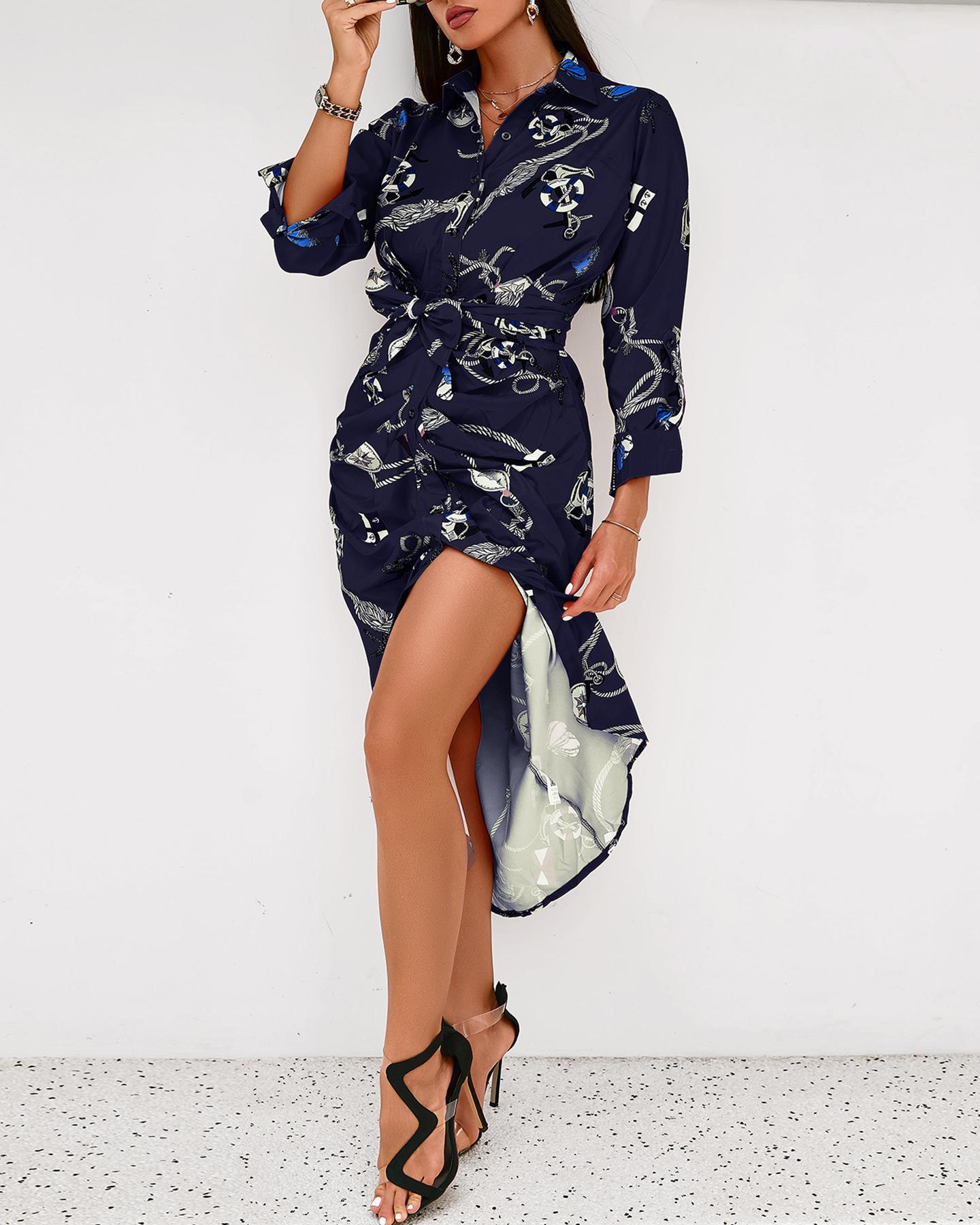 

Anchor Graphic Print High Slit Shirt Dress, Purplish blue