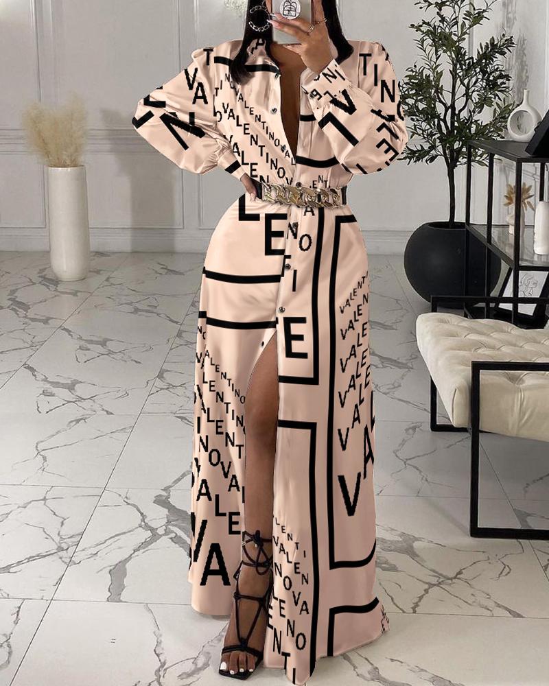 Abstract Letter Print Long Sleeve Button Down Shirt Dress