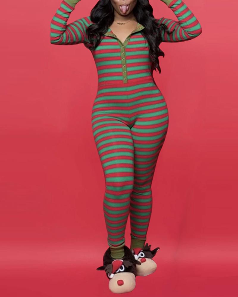 

Striped Button Design Skinny Jumpsuit, Green