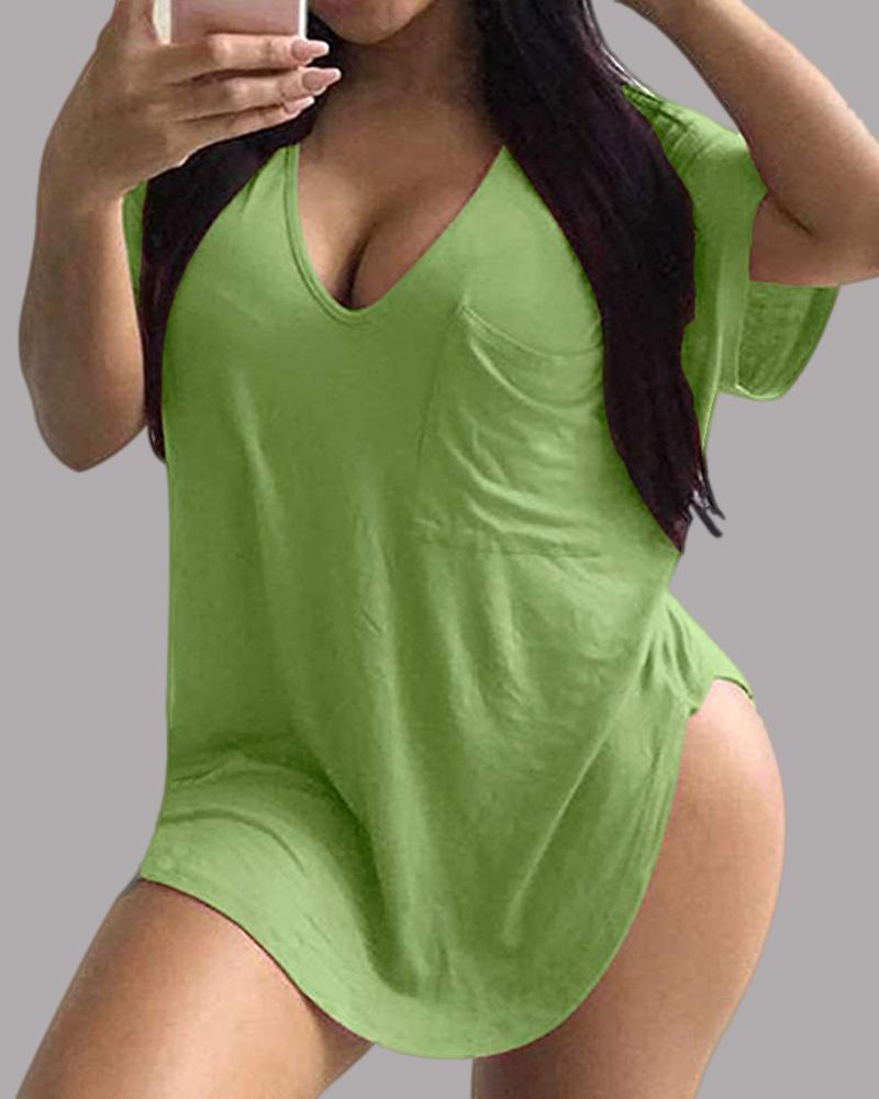 

V Neck Short Sleeve Casual T-shirt, Green