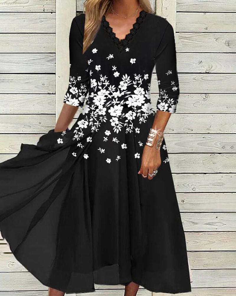 

Floral Print Contrast Lace Casual Dress, Black