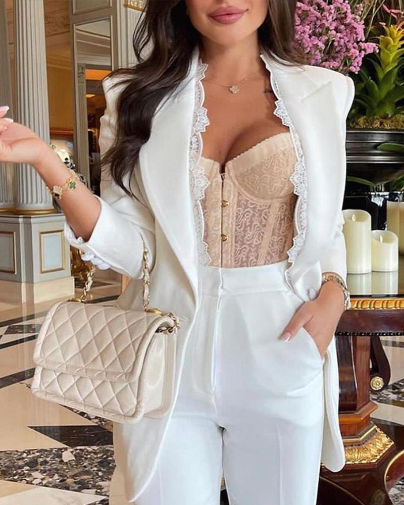 

Contrast Lace Long Sleeve Blazer, White