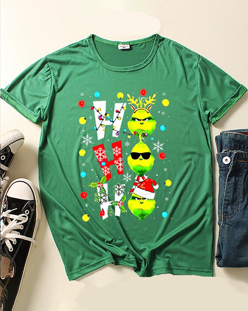 

Christmas Grinches Letter Snowflake Print Short Sleeve Top, Green