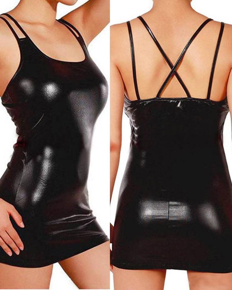 

Crisscross Backless PU Leather Party Dress, Black