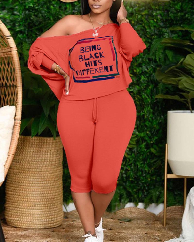 

Plus Size Letter Print Lantern Sleeve T-shirt & Skinny Pants Set, Red