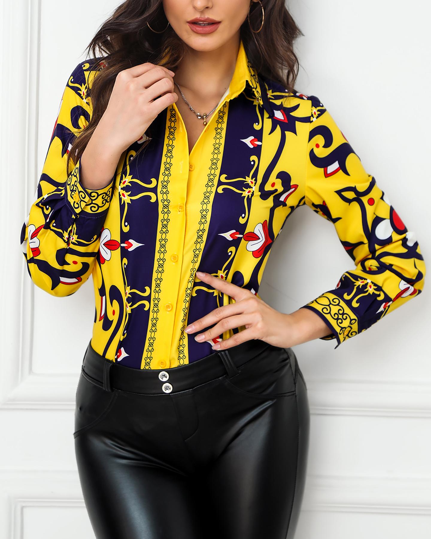 

Baroque Print Button-Up Shirt, Yellow