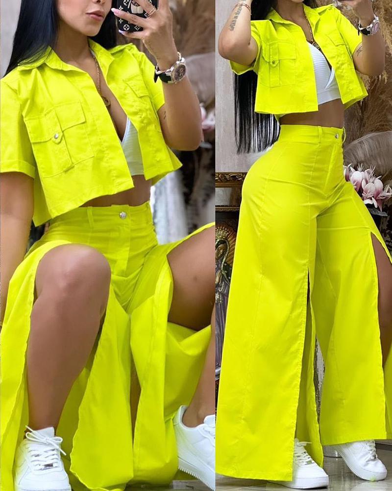 

Crop Top & Slit Wide Leg Pants Set, Yellow