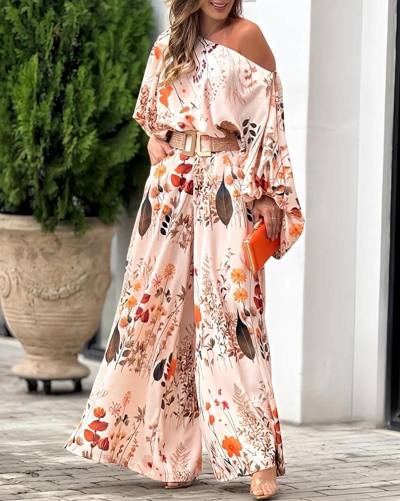 

Plants Print Lantern Sleeve Top & Wide Leg Pants Set, Apricot