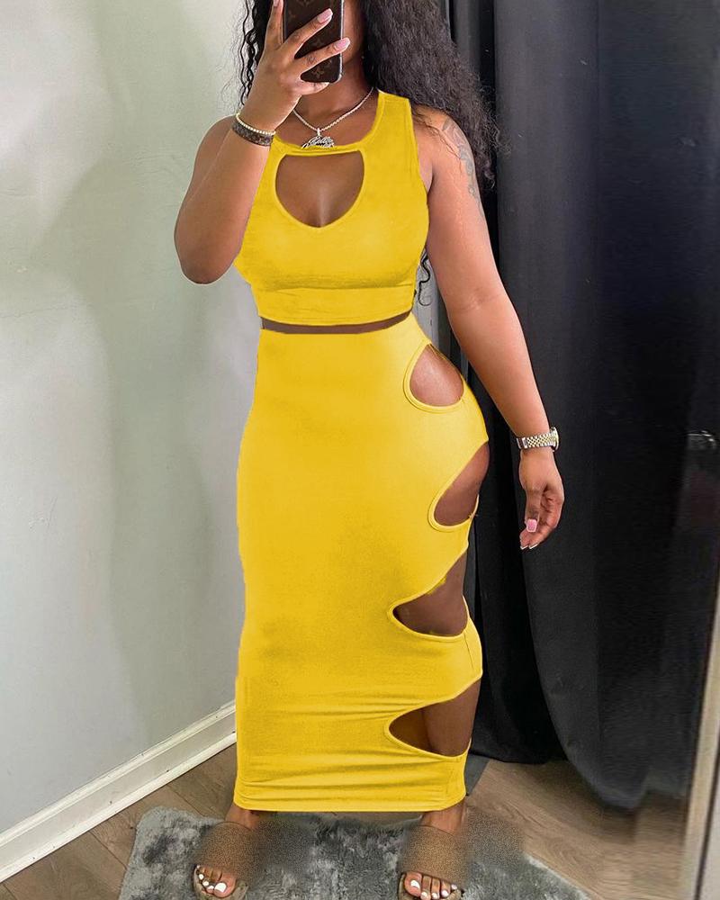 

Cutout Front Tank Top & Maxi Skirt Set, Yellow