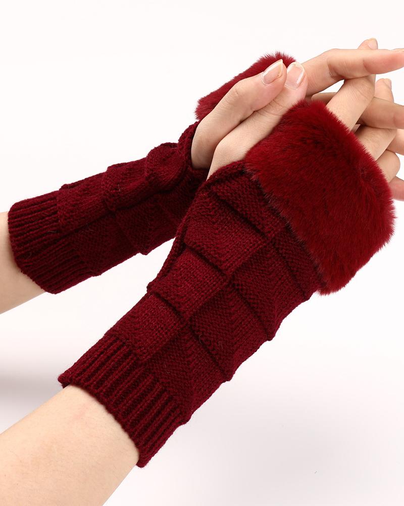 

1Pair Fuzzy Trim Warm Knit Fingerless Gloves, Wine red