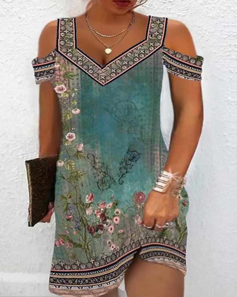 

Plus Size Floral Tribal Print Cold Shoulder Casual Dress, Green