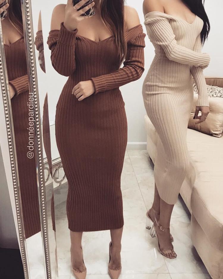 Ribbed Slit Long Sleeve Knit Maxi Dress