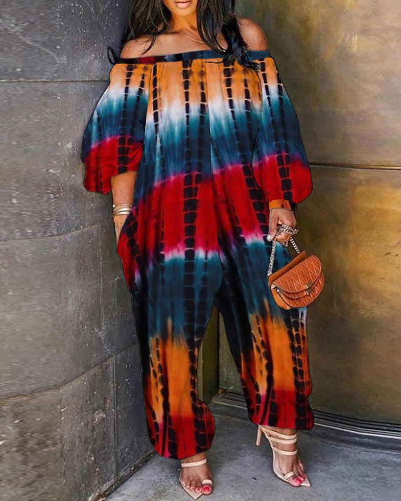

Off Shoulder Lantern Sleeve Tie Dye Print Jumpsuit, Red