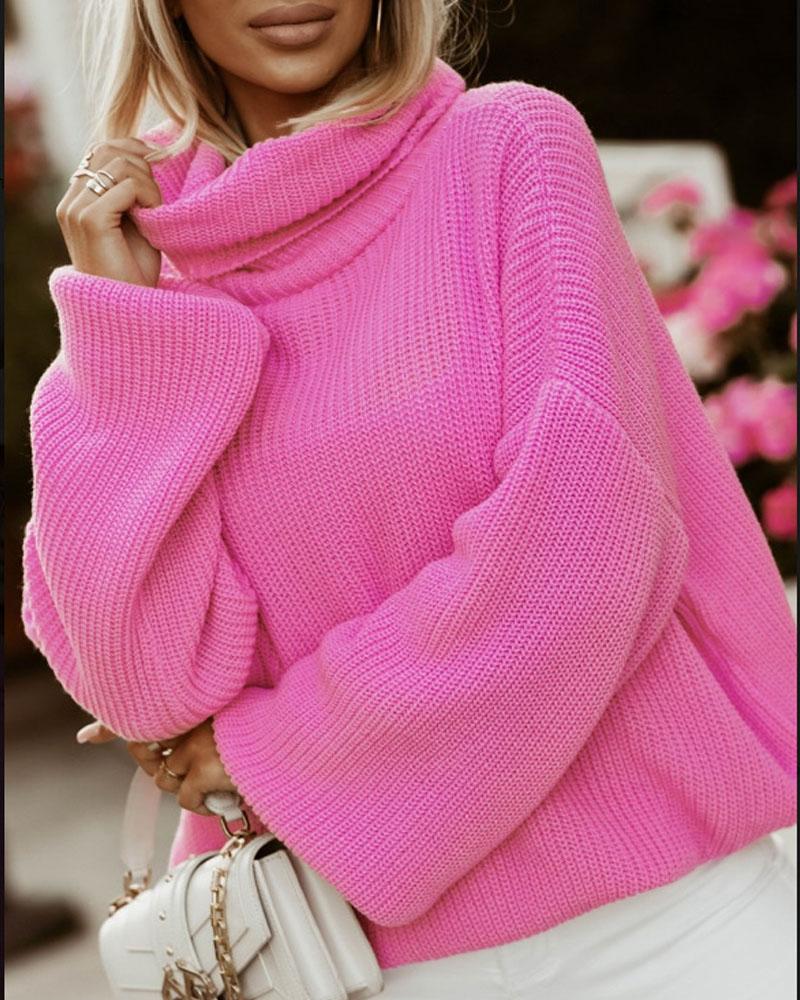 

Lantern Sleeve Turtleneck Chunky Knit Sweater, Hot pink