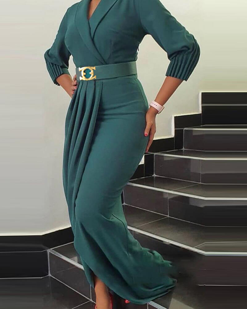 

Plus Size Pleated Detail Work Dress With Belt, Green