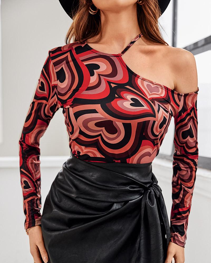

Valentine's Day Heart Print Cold Shoulder Top, Multicolor