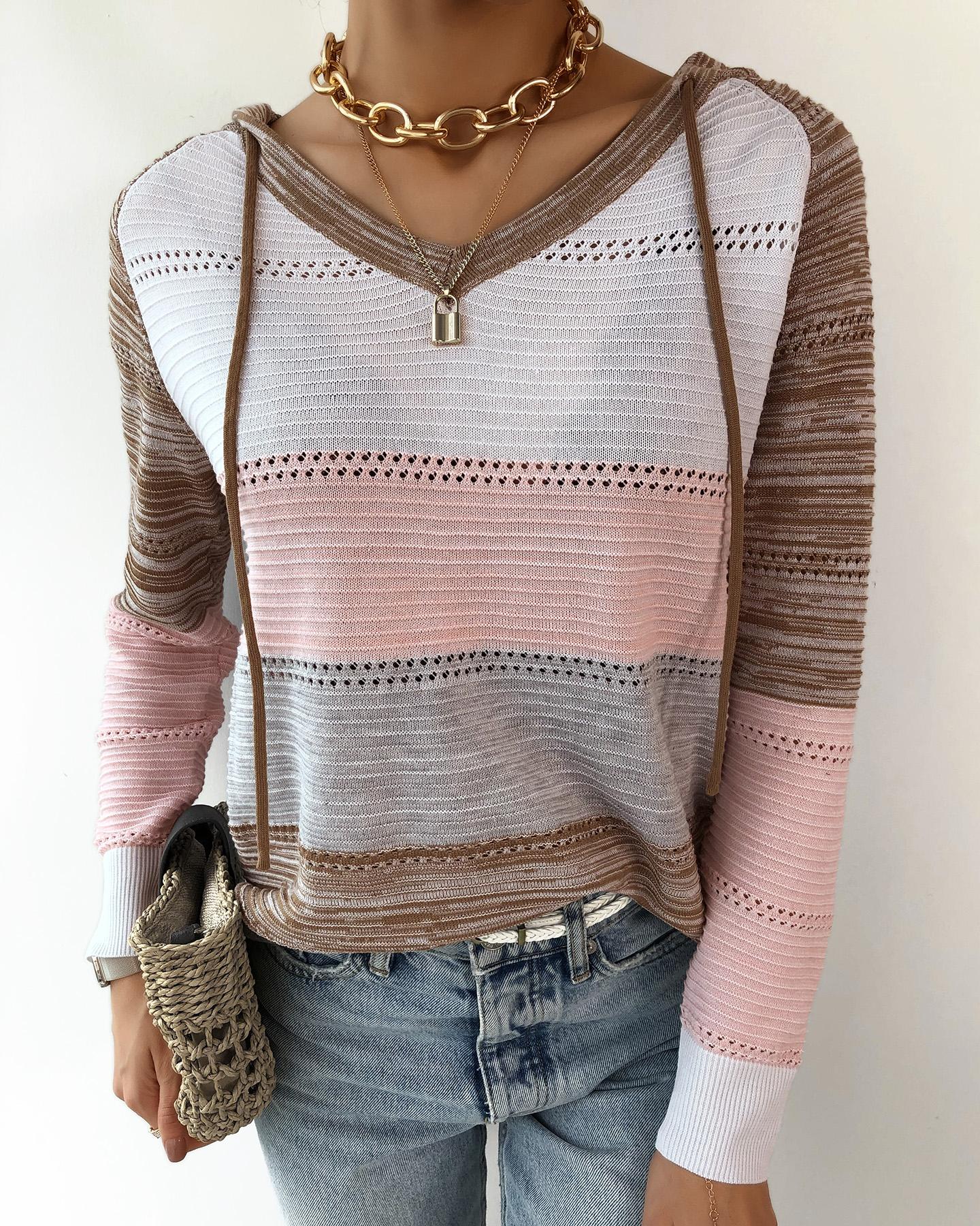 

Knit Colorblock Hollow Out Hooded Sweater, Pink