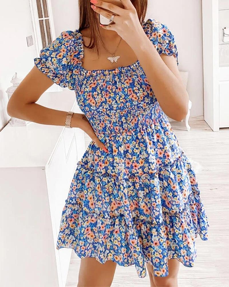 

Ditsy Floral Print Shirred Ruffle Hem Dress, Dark blue