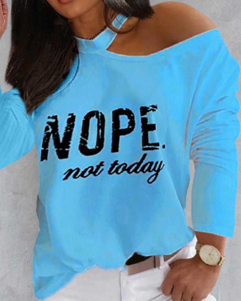 

Plus Size Slogan Print Cold Shoulder Top, Blue