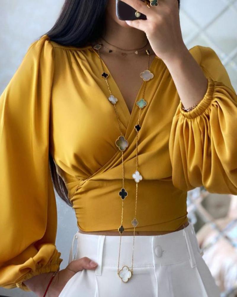 

Lantern Sleeve Surplice Plain Blouse, Yellow